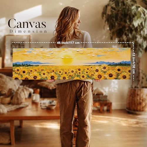 Image of Abstract Sunflower Field Landscape Stretched Canvas Wall Art Painting for Living Room, Horizontal Floral Sunrise Canvas Wall Decor For Livingroom, Bedroom, Office, Hallway's, Hotel 12x46 Inch