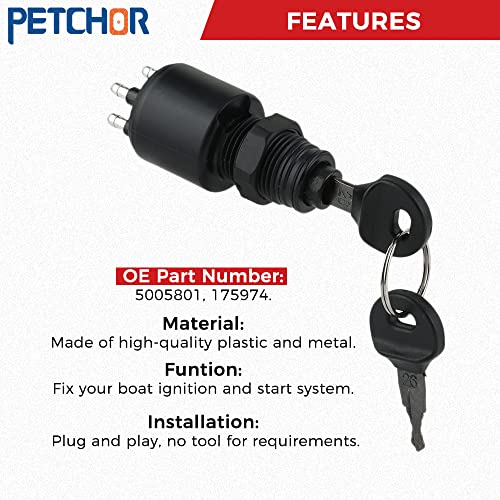 PETCHOR Ignition Switch and Key Assembly with Lanyard, 175974 5005801 Ignition Switch Compatible with Johnson Evinrude 40-200HP Outboard Motor