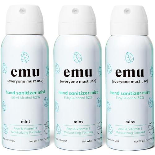 EMU (EVERYONE MUST USE) Hand Sanitizer pocket spray, Travel size 2.2oz. Cleanses Your Hands, Hydrating. Hand soap bulk. 24-hour disinfectant sanitizing. Made in USA (3, Mint)