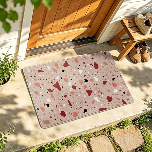 Livcoz Terrazzo Pattern Welcome Front Door Mat, Boho Marble Modern Minimalist Decorative Doormat Non-Slip Floor Entryway Rug, Mid Century Low Profile Indoor Outdoor Home Kitchen Decoration 17''x29''