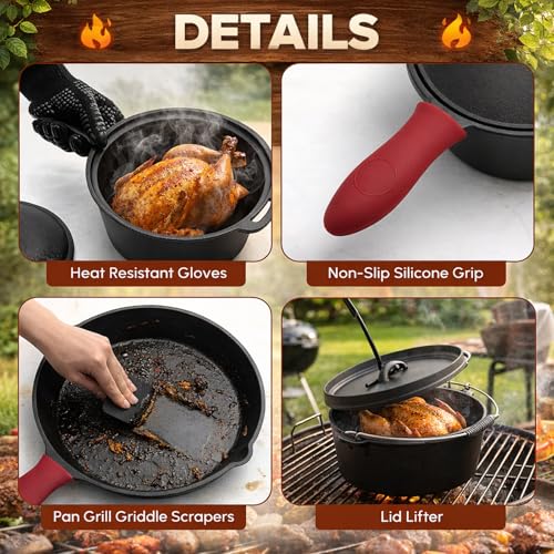 Image of Geetery 15 Pcs Pre-seasoned Cast Iron Cookware Set, Dutch Oven Camping Accessories Kit with Skillet, Pan, Pot, Gloves, Lid Lifter, Storage Bag, Scrubber for Kitchen Ourdoor Campfire Grill BBQ Cookware