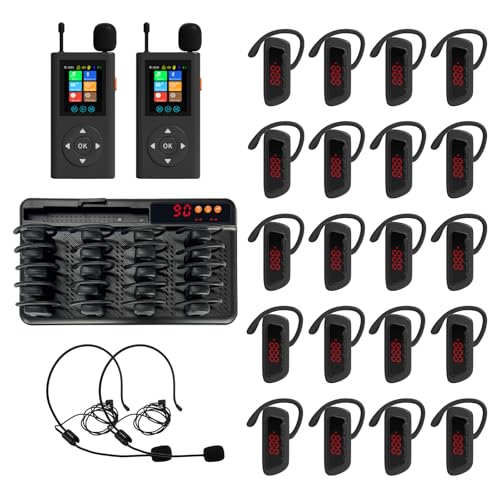 PANDAAR Wireless Tour Guide System, Wireless Tour Guide Headsets, 20H Long Battery, Smart Noise Cancellation,Tour Guide Microphone and Speaker for Church/School/Training​(2 Transmitter 20 Receivers)