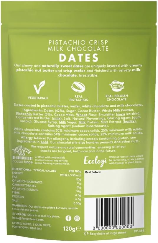 Forest Feast Chocolate Covered Dates 6 Bags - Dried Dates Dipped in Belgian milk chocolate delicious snack in 3 flavours, Peanut Butter, Pistachio and Salted Caramel