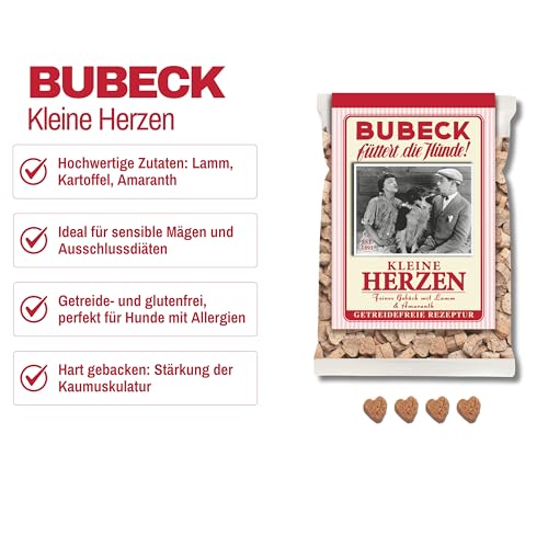 Bubeck Hundekekse Probierpaket 4-teilig – Getreidefrei & Ohne Zucker – Trainingsleckerli Set mit Pferd, Fisch, Lamm und Amaranth-Herzen & Karotte – 4X 210g/250g Belohnungssnacks