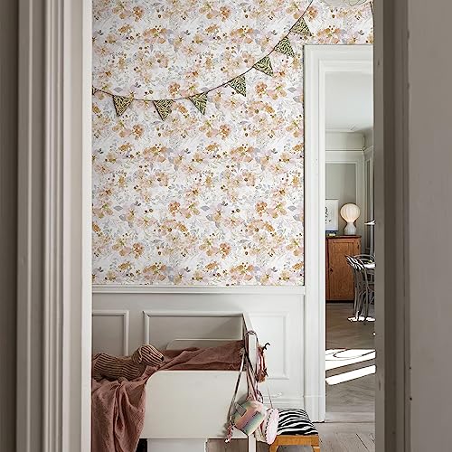 Image of JiffDiff Peel and Stick Wallpaper Watercolor Floral Wall Paper Stick on Wall Decor Distressed Orange Pink Flower Contact Paper (Honey Dreamy 237" x 17.7")