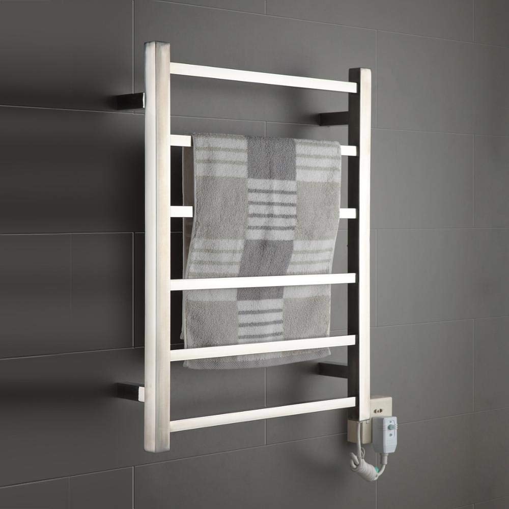 HAPPLiGNLY Bathroom Electric Towel Rack, 304 Stainless Steel Towel Warmer Square Tube 6 Electric Heated Towel Rack and Drying Racks, Wall Mounted Towel Rail
