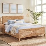 Brafab Boho Full Rattan Bed Frame with Headboard and Footboard, Hand Woven PE Wicker Bed, Mid Century Modern Metal Bedframe with Bamboo Style Design, Sturdy Metal Slats, 1000lbs, No Box Spring Needed