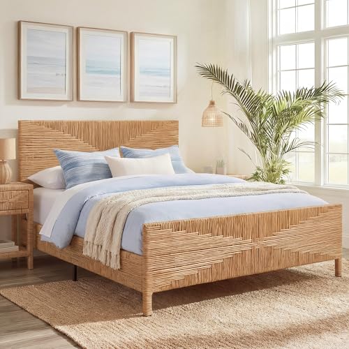 Brafab Boho Full Rattan Bed Frame with Headboard and Footboard, Hand Woven PE Wicker Bed, Mid Century Modern Metal Bedframe with Bamboo Style Design, Sturdy Metal Slats, 1000lbs, No Box Spring Needed