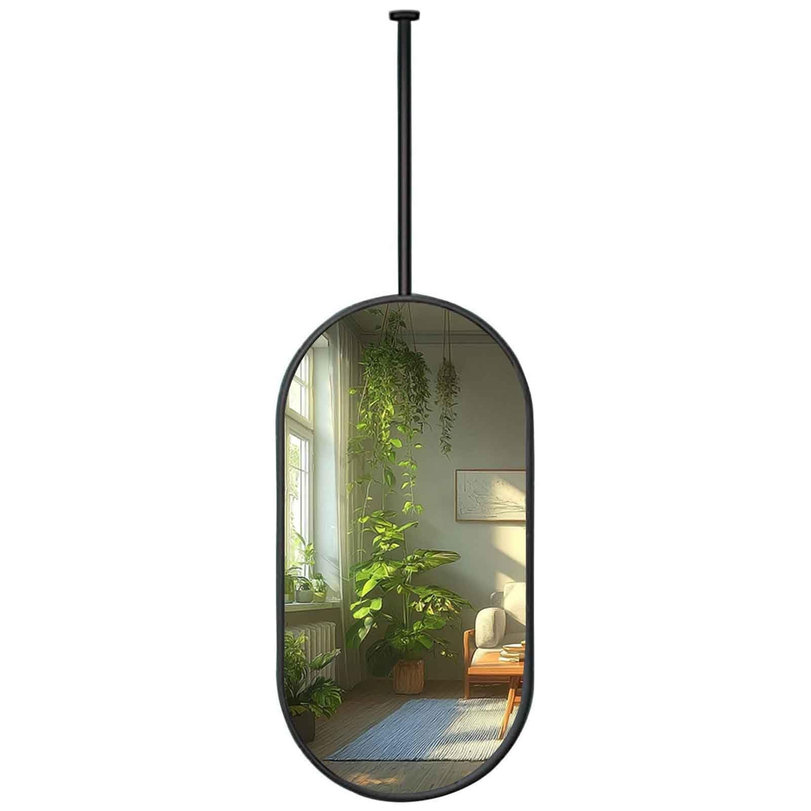 BKSXSOP Black Oval Mirror Ceiling Mounted Bathroom Mirror, Vertical Hanging Metal Floating Pole Mirrors Modern Decor HD Mirror(40cmx60cm)