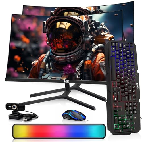 Image of MTG Dual 24 inch Curved Monitor Full HD 1080P Frameless Screen, HDMI DP USB Audio, Low Motion Blur, VESA Mount, Webcam with RGB Keyboard Mouse & Soundbar Combo, Computer Monitor for Gaming, Home, Office
