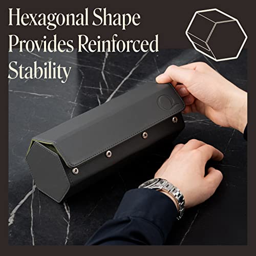 Qwatchbands Napa Leather Watch Rolls For Men - Hexagon Triple Watch Roll Travel Case For 3 Watches - Storage Organizer Genuine Leather With Velvet Interior Display (Gray/Green) #TOP3