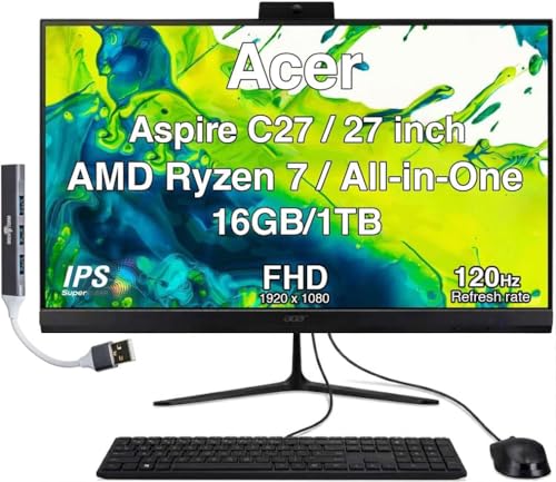 Image of Acer Aspire C27 All-in-One Desktop, 27 inch IPS FHD, Ryzen 7 5825U | 16GB DDR5, 1TB PCIe SSD, Wireless Keyboard and Mouse, Wi-Fi 6E, Bluetooth 5.3, Webcam, Windows 11 Home /w USB Hub