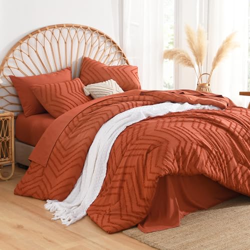 Image of Andency Queen Comforter Set Burnt Orange, 7 Pieces Boho Tufted Terracotta Bed in a Bag, Soft Fluffy Bedding Set with 1 Comforter, 1 Flat Sheet, 1 Fitted Sheet, 2 Pillow Shams, 2 Pillowcases