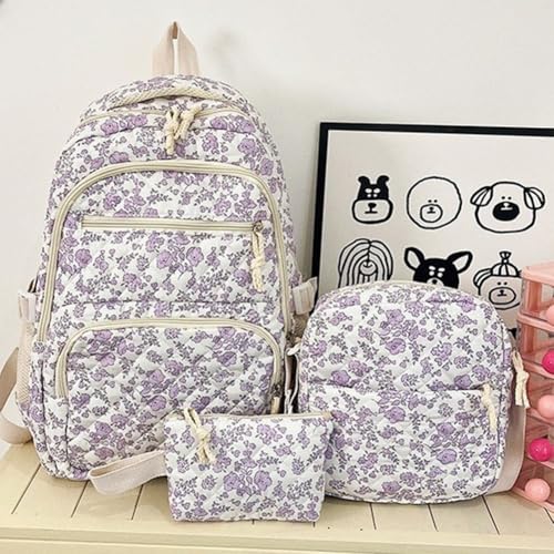 Coquette Floral Quilted Backpack 3Pcs Set,Coquette Floral Rucksack,Kawaii Backpack Set Quilted Daypack with Small Crossbody (Purple)3