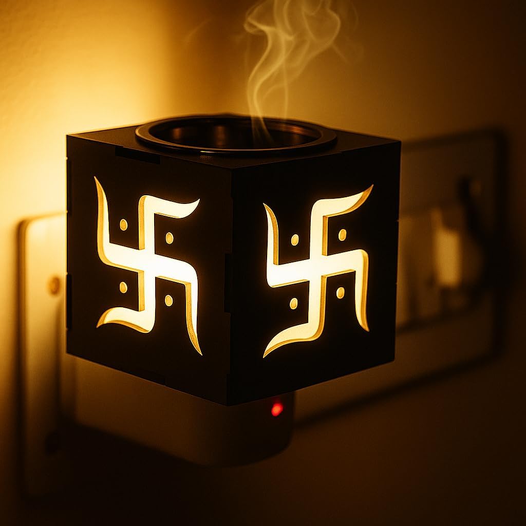 Premium Electric Kapoor Dani | Home Fragnance Lamp with Night Lamp |Kapoor Dani for Home|Aroma Diffuser| Living Room | Incense Holder|Camphor Diffuser (Swastik)-image-18