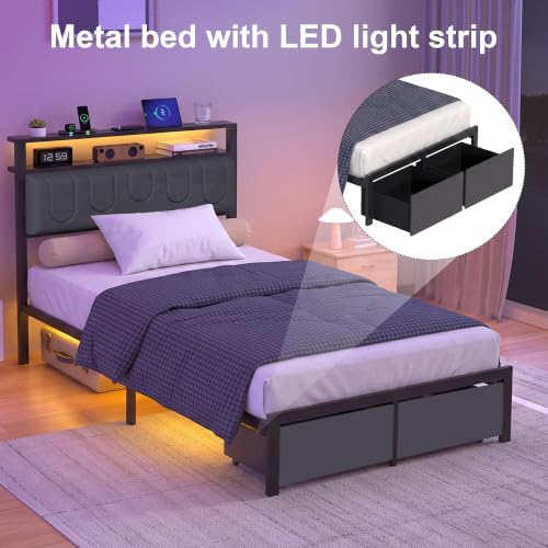 Image of Twin Bed Frame with 2 Drawers, Platform Bed Frame with LED Lights and Charging Station, Upholstered Headboard, Heavy Duty Metal Slats, No Box Spring Needed, Noise Free, Easy Assembly
