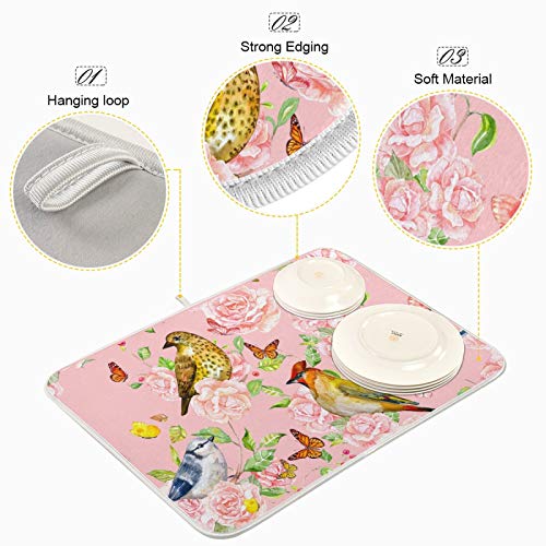 Orezi Absorbent Dish Drying Mat For Kitchen Counter With Hanging Loop,Cute Birds Pink Roses Butterfly On Roses Drying Mat For Countertops Sinks Refrigerator Dishwashing Area,18 X 24 Inches #TOP3