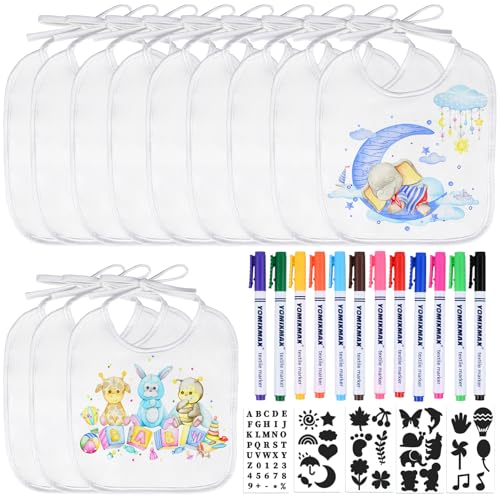 Faburo 12 Stück Lätzchen zum Bemalen, Lätzchen Baby (18*18cm) für Babyparty Spiele Babyparty Deko Bâ€¦ – Vignette