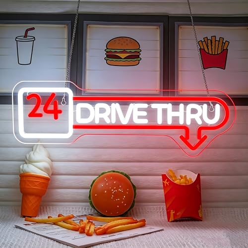 Open 24 Hours Neon Sign Drive Thru Open Neon Light Drive Thru LED Sign for Business Fast Food Pizza Burger Bar Party Club Coffee Shop Restaurant Beauty Salon Stores Hotel Gas Station