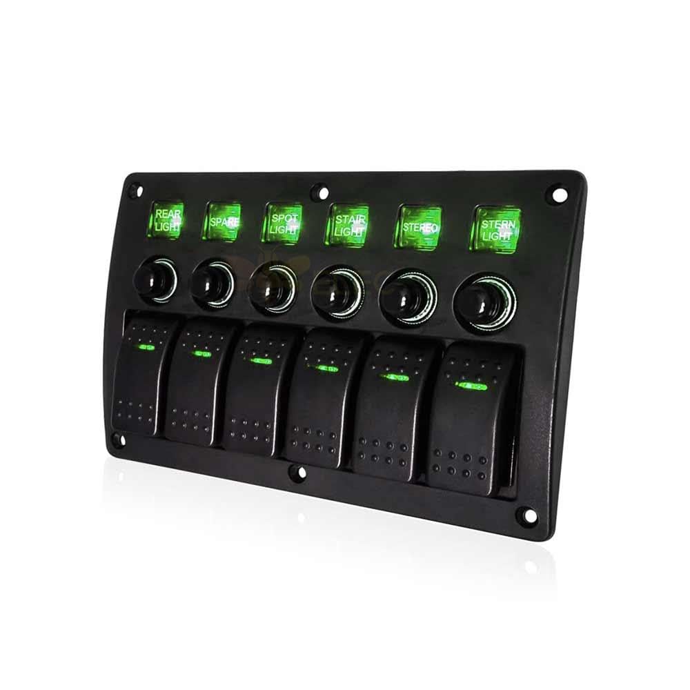 Efficient 6 Switch Power Control Panel for RVs and Marine Use DC12-24V with Overload Protection (Green Light)