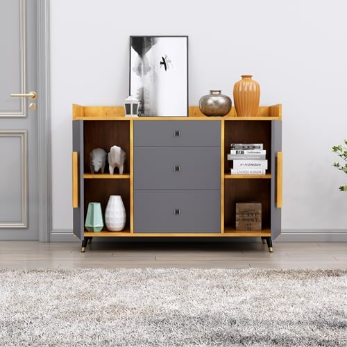 Image of Bniture Wooden Sideboard Cabinet for Living Room | Wooden Storage Cabinet with 2 Door & 3 Drawer | Engineered Wood Multipurpose Cabinet with Spacious Shelves for Home | Giant Wood & Slate Grey