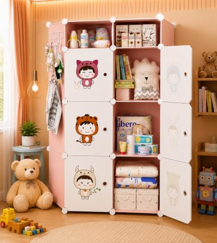 Image of Plastic Wardrobe for Clothes | Plastic Almirah for Kids | 6+2-Cube Baby Cupboard for Clothes Storage | Portable Collapsible Wardrobe | DIY Kids Almirah for Bedroom - Cute Animal Print