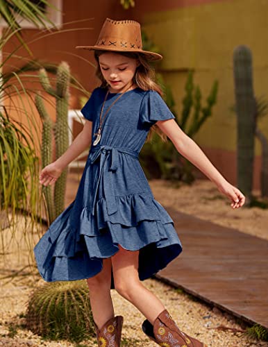 Arshiner Navy Blue Dress For Girls 2023 Summer Casual Flutter Sleeve A Line Elegant Dresses 7-8 #TOP2