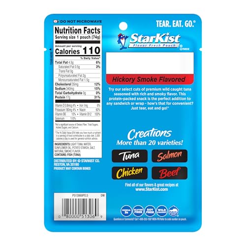 Image of StarKist Tuna Creations Hickory Smoked, 2.6oz Pouch, 24-Pack | 17g Protein Per Serving, Wild Caught, Shelf Stable Seafood, Gluten Free, Soy Free, No Draining, Ready to Eat for Salads