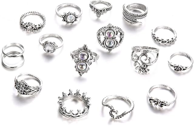 Dusenly 16pcs Vintage Women's Boho Crystal Ring Silver Joint Knuckle Rings Set Tiara Stacking Jewelry Rings for Women and Girls