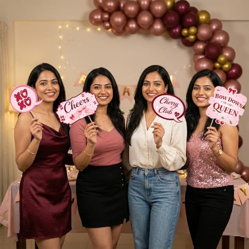Image of Party Propz Cherry Theme Photo Booth Props - Set of 55 Pcs Pink Party Props with Sticks & Glue Dots, Birthday Decoration Props for Girls, Photo Booth Accessories for Party