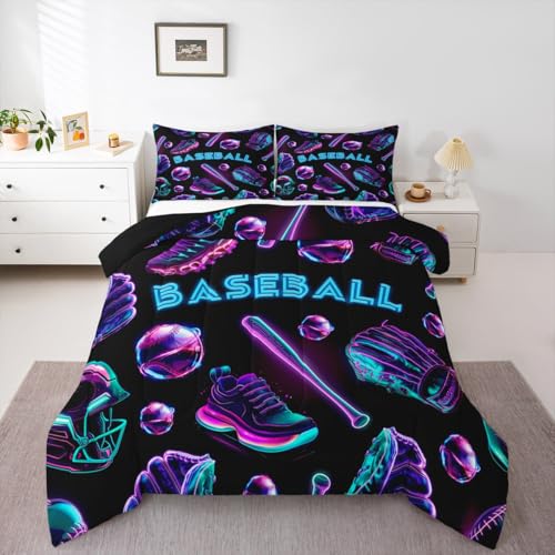 Image of Feelyou Baseball Theme Bedding Set Soft for Boys Girls, Blue Purple Comforter Set Toddler Size Baseball Bat Gloves Duvet Quilt Microfiber Games Shoes Bedroom Decor 2 Pcs with 1 Pillow Cases