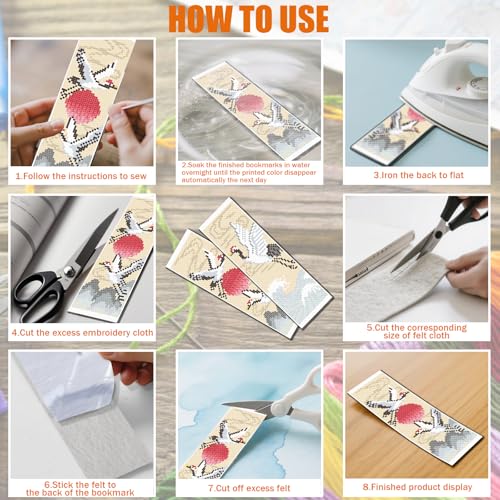 Image of FREEBLOSS 6 Set Cross Stitch Bookmark Kit 11 CT Complete Stamped Cross Stitch Kit DIY Embroidery Bookmark Kits for Adult Beginners with Instructions, Crane Pattern, 6 x 20 cm /8 inch x 2.4 inch