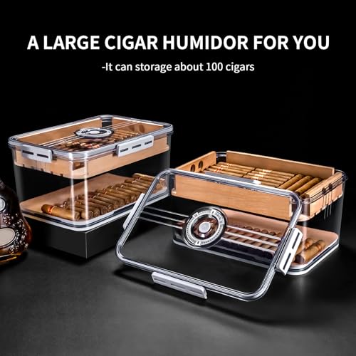 Image of CIGARLOONG Cigar Humidor Large with Cedar Shelves,2 Humidifiers and Hygrometer Storage for 100 Cigars Partition Clear Airtight Cigar Humidor