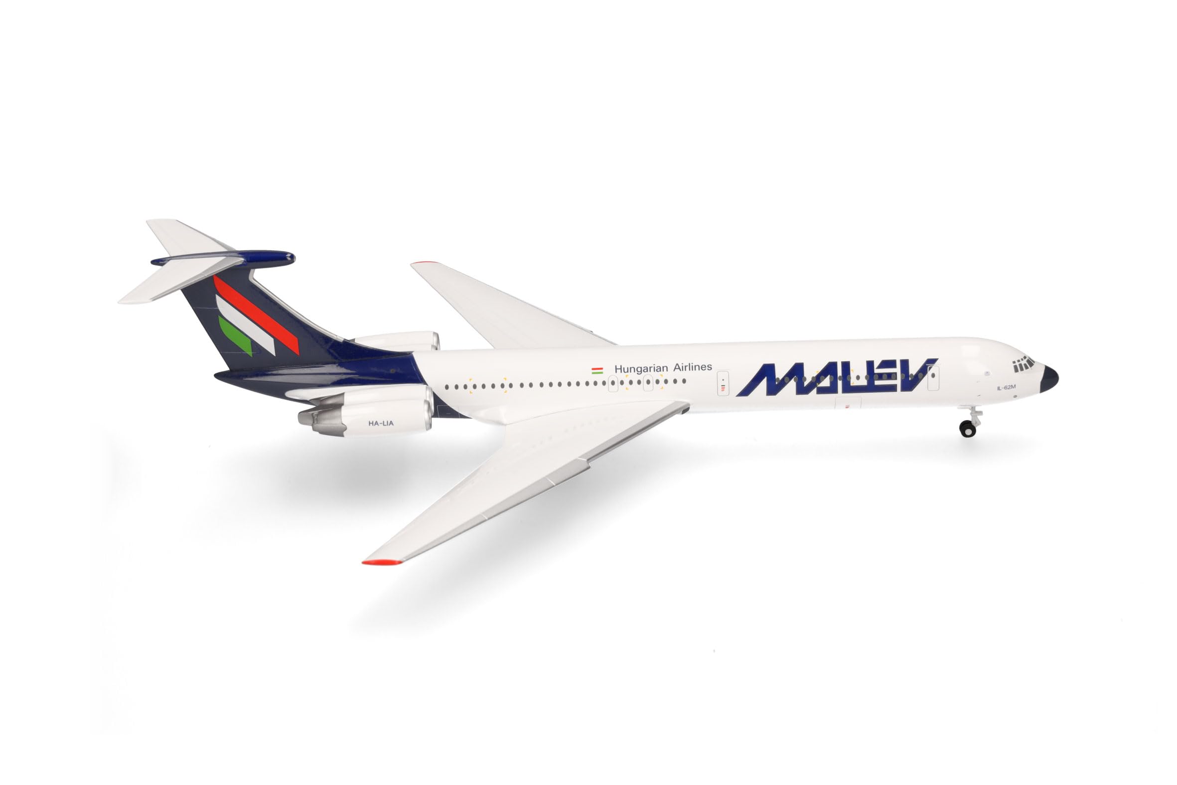 herpa 573047 Aircraft Malév Hungarian Airlines Ilyushin IL-62M, Miniature in 1:200 Scale, Collector's Item, Model Without Stand, Metal, White, Blue, red, Green
