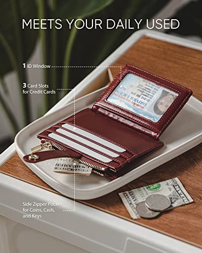 Slim Wallet for Women Minimalsit Bifold Leather Purse RFID Blocking Small Credit Card Wallet with Zipper Pocket(Wine)3