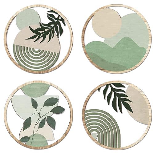 Exquilnova 4 Stück Holz Boho Wand Deko, Boho Wanddeko Grün, Moderne Wanddeko Wohnzimmer, 3D Runde Vintage Wanddekoration für Bauernhaus Flur...