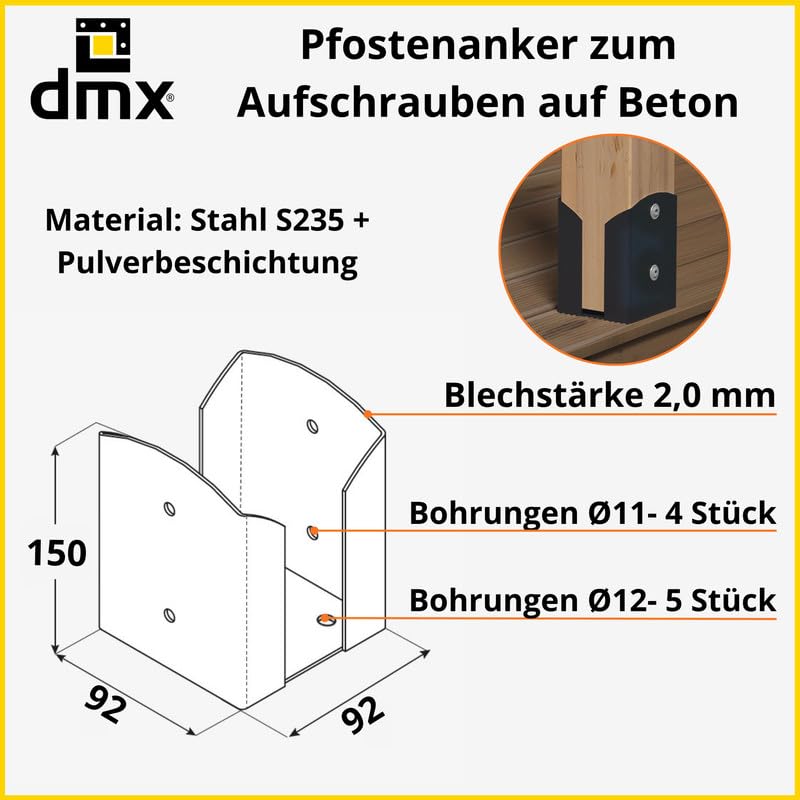 U Pfostenträger aufschrauben 4er Set - Aufschraubhülse - Anker - Pfostenanker 90x90 - Pfostenhalter - Pfostenschuhe - Stützenfuß - Zaunpfosten - Stützenschuh - Holzbalken - Betonanker