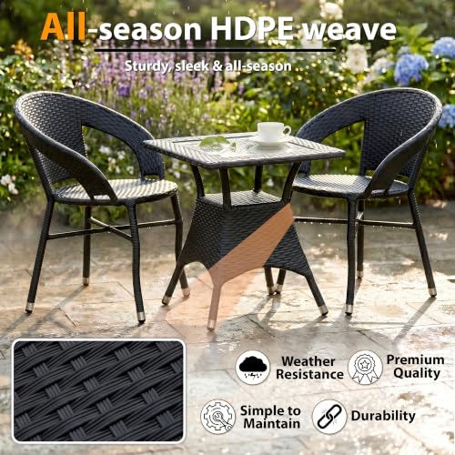Image of BRISHI 3-Piece Outdoor Rattan Wicker Patio Square Coffee Table Set | Garden Furniture for Balcony, Terrace, Poolside & Porch | Waterproof Bistro Sets for Home & Backyard (Black)