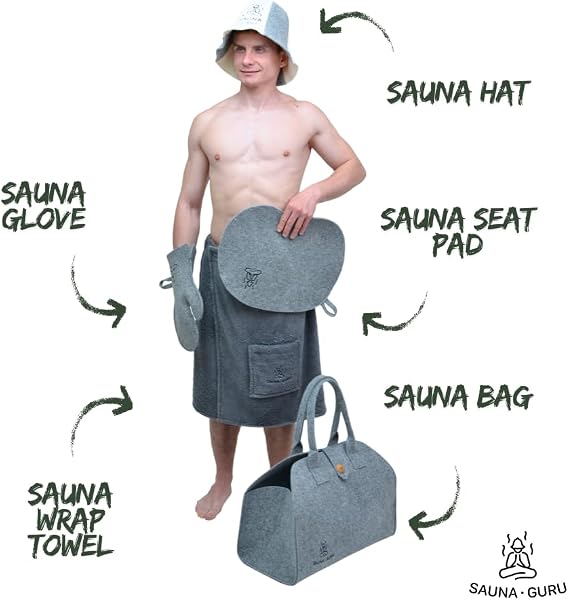 Complete Sauna Accessories Kit – Wool Banya Hat, Kilt Towel, Storage Bag, Felt Mitten Glove & Seat Cushion Pad – for Finnish, Russian, Steam, Dry & Outdoor Saunas – Spa Gift Set for Men