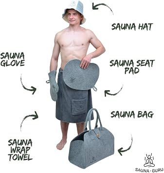 Complete Sauna Accessories Kit – Wool Banya Hat, Kilt Towel, Storage Bag, Felt Mitten Glove & Seat Cushion Pad – for Finnish, Russian, Steam, Dry & Outdoor Saunas – Spa Gift Set for Men