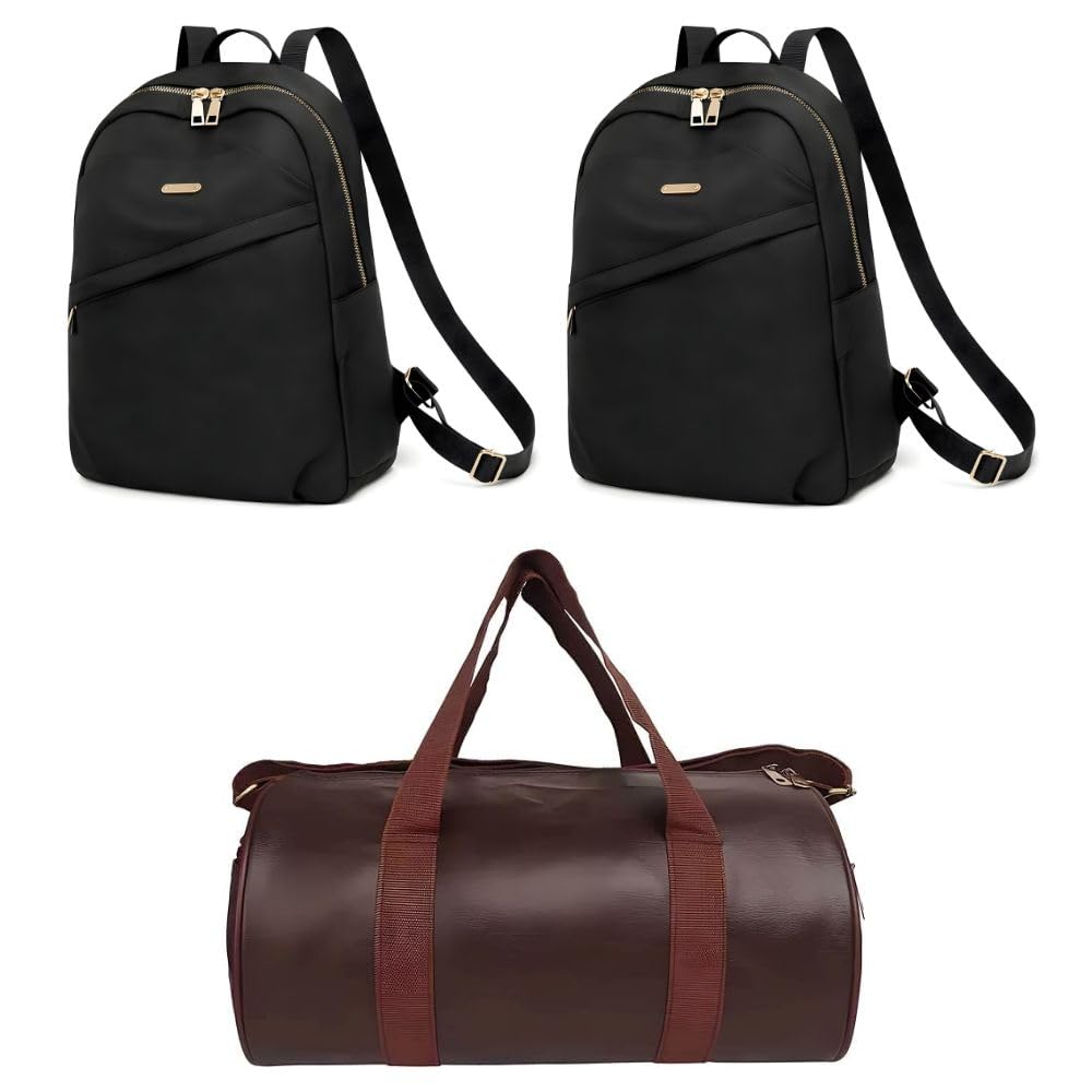 treggo 3 PCS Bag Combo for Women – 2 Black Quilted Backpacks & 1 Brown Leatherette Duffel Bag | Lightweight College School Bags for Girls | Waterproof Gym Travel Overnight Bag Set-picture-46