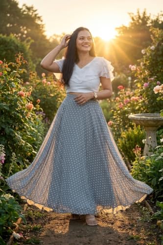 Image of Women's Lycra Top with Georgette Skirt | Polka Dot Print Long Flared Maxi | Full Length Flowy Skirt for Women | Stylish Casual Wear