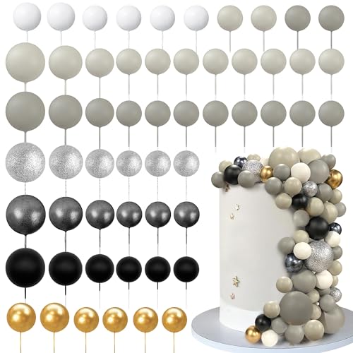 56 PCS Colorful Ball Shaped Cake Topper Pearl Balls Cupcake Cake Insert Topper for Birthday Party Wedding Decoration Supplies (Gray Seven Colors)
