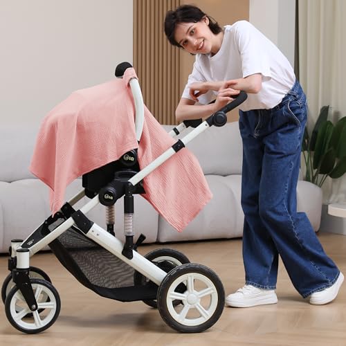 Image of 100% Muslin Cotton Car Seat Cover Baby, Carseat Canopy Cover, Universal Fit Stroller Covers for Boys and Girls (Pink)