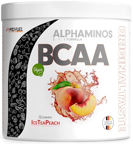BCAA Pulver 300g EISTEE PFIRSICH - Alphaminos BCAA 2:1:1 Drink mit 8000 mg B.C.A.A. - unfassbar leckerer Geschmack, Essentielle Aminosäuren Leucin, Isoleucin & Valin - 100% vegan und laborgeprüft