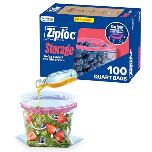 Ziploc Quart Food Storage Bags, Stay Open Design with Stand-Up Bottom, Easy to Fill, 100 Count