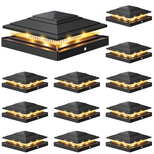 APONUO Solar Post Cap Lights 12-Pack, Black IP64 Waterproof 16 LED Fence Post Solar Lights for 4x4 5x5 6x6 Wood/Vinyl Posts, 2-Mode Deck Post Lights Solar Powered, 10-Hr Lighting for Patio Yard Porch