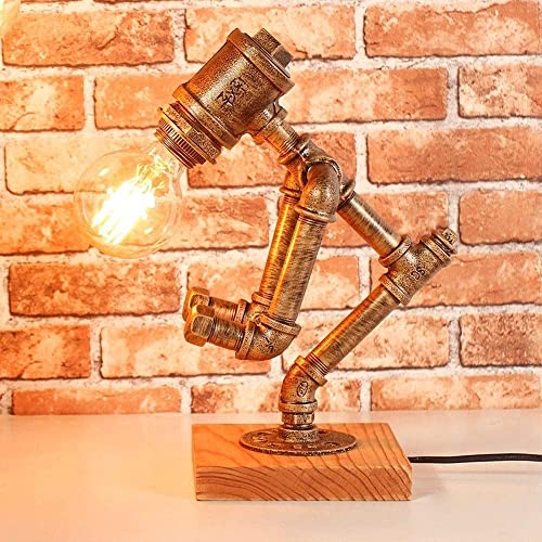 Lampe de bureau industrielle robot en tuyau de fer et bois