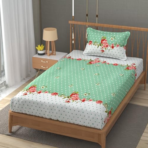 Image of Premium Heavy Cotton Elastic Fitted Bedsheets with 1 King Size Pillow Covers | Single Bed with All Around Elastic 350 TC | 36 x 78 x 6 Inch Single Size Fitted | - Green Dot