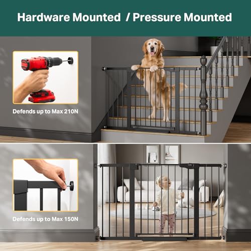 Cumbor 2 Pack 29.7\"-51.5\" Extra Wide Baby Gate for Stairs, Easy Wall Through Dog Gates for Doorways, Pressure Mounted Pet Gate Indoor, Safety Auto-Close Child Gate for Kids with 4 Wall Cups, Black